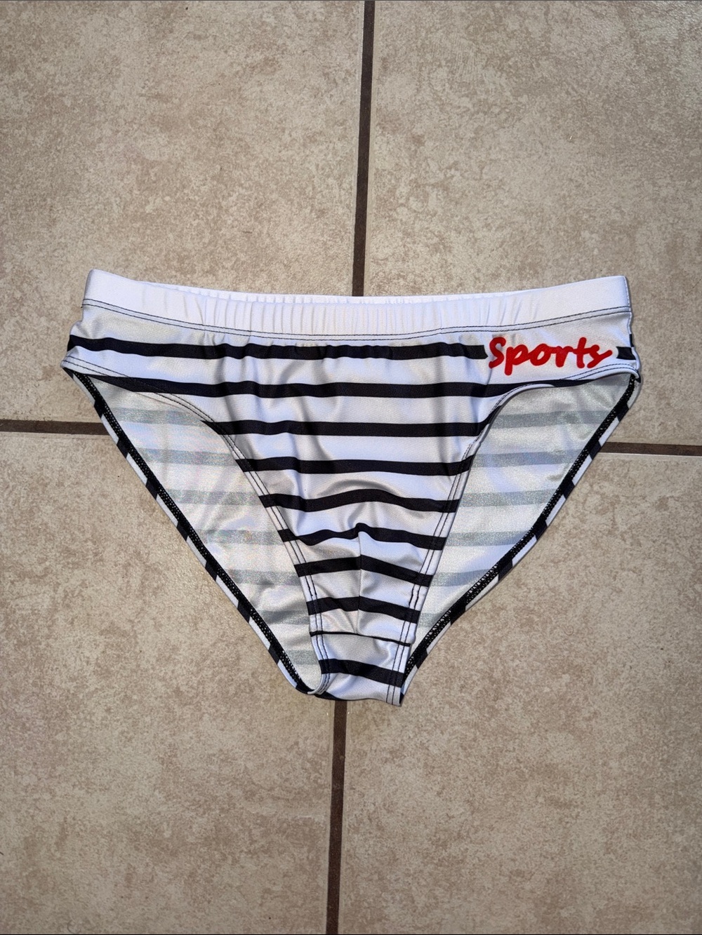 Men's White & Black Striped Swim Brief with Red 'Sports' Accent